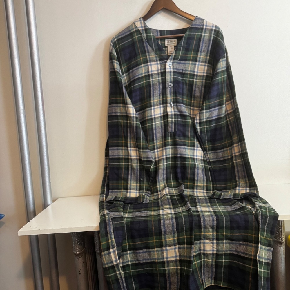 L.L. Bean Men's LG Green Blue Plaid Flannel Nightshirt Fall Winter Classics NWOT